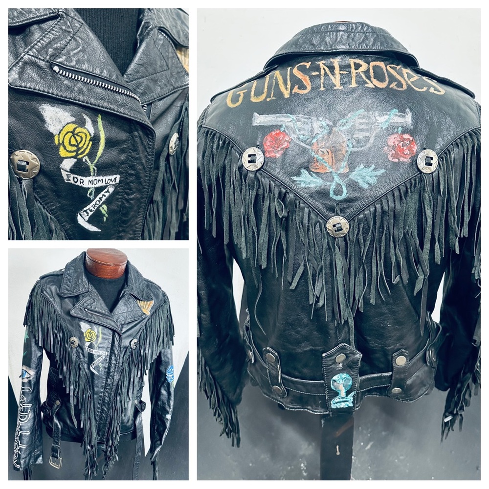 Guns ‘n Roses, One of a Kind, Hand Painted Vintage Black Leather Fringe Jacket